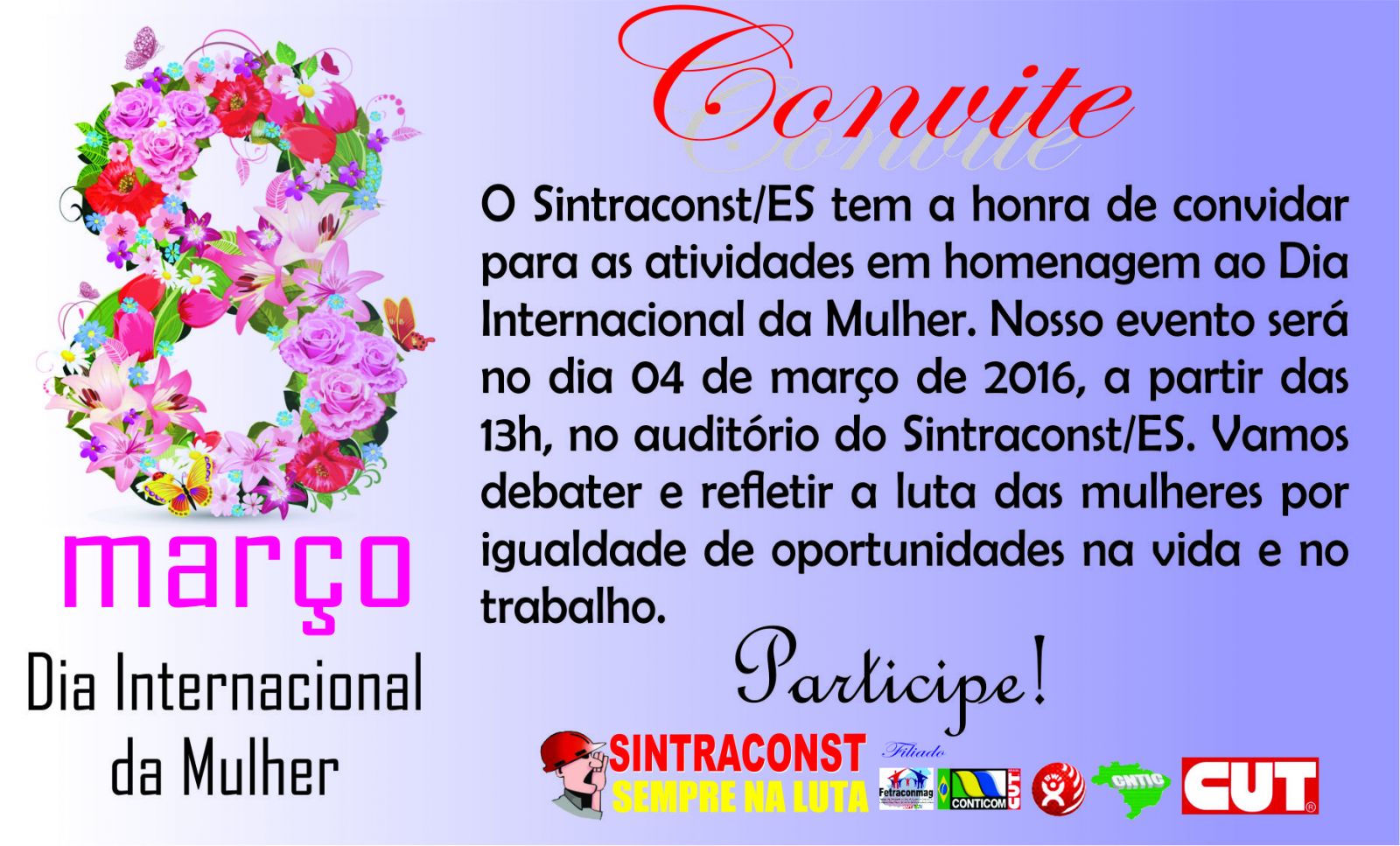 Convite SINTRACONST-ES pelo Dia Internacional da Mulher